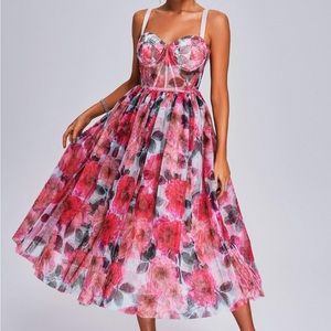 Pink Floral Midi Dress with Sheer Bodice and Adjustable Straps